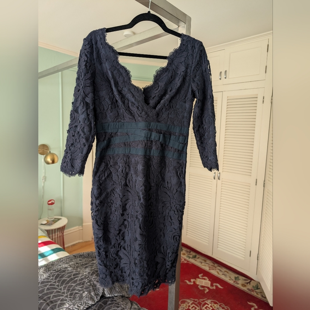Elegant Navy Lace Dress - Tadashi Shoji - 3/4 Sleeve
